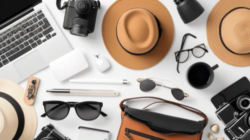 Travel Flat Lay: Brown Hat, Straw Hats, Camera, Sunglasses, Laptop, and More