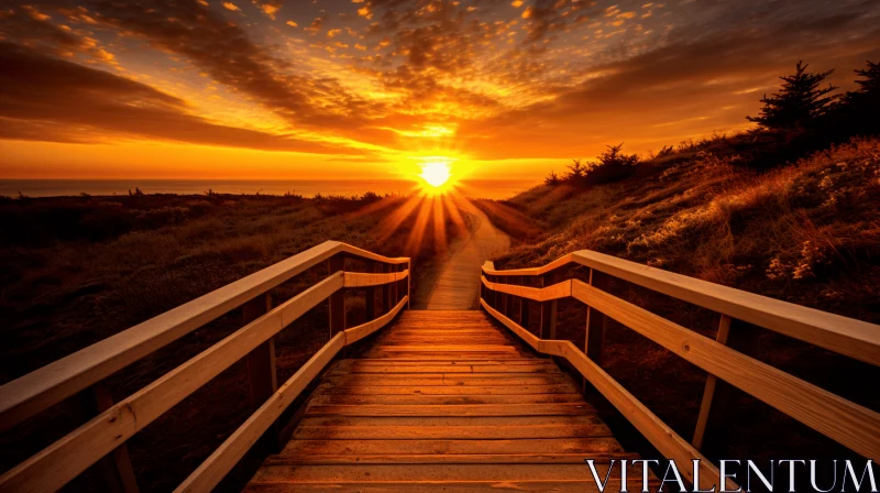 Wooden Walkway by the Coast | Golden and Orange Hues | Prairiecore AI Image