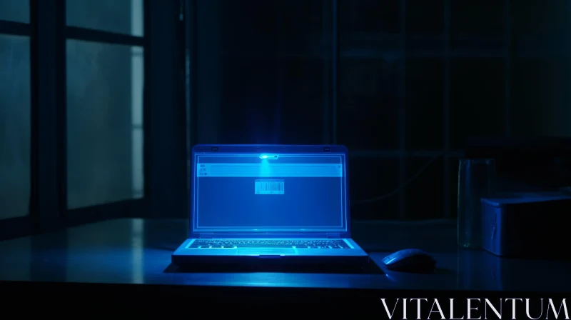 Glowing Blue Screen Laptop in Dim Room AI Image