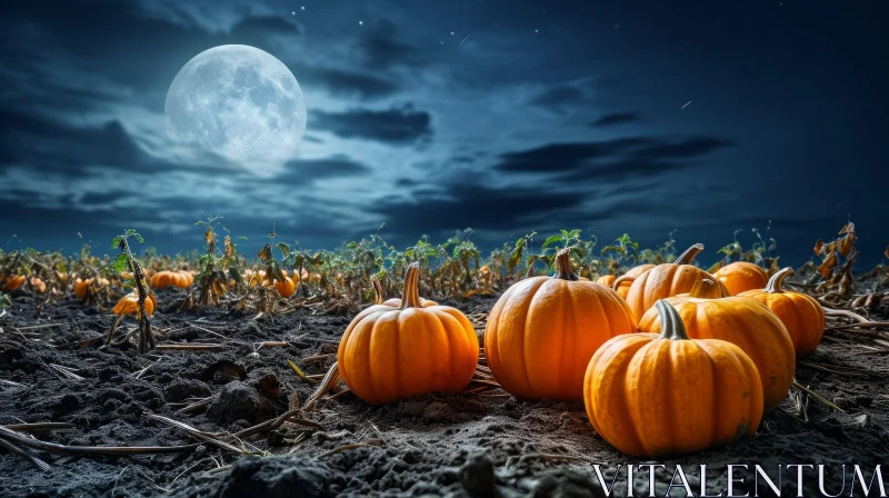 Mysterious Night View of a Pumpkin Field AI Image