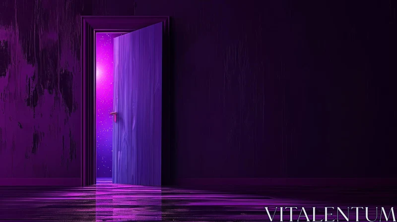 Mysterious Purple Room with Open Door and Bright Light AI Image