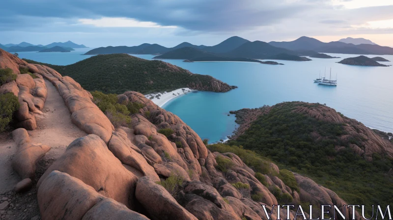 AI ART Captivating Coastal Scene: Rocks and Water near a Majestic Mountain