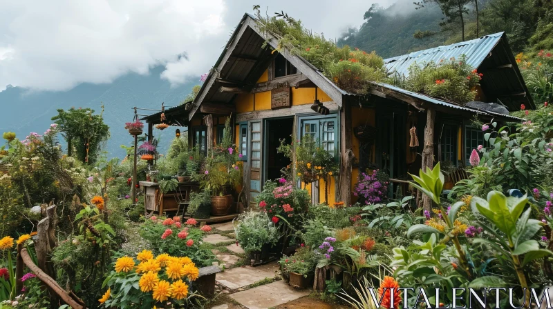 Cozy Cabin in Lush Mountain Valley with Vibrant Garden AI Image