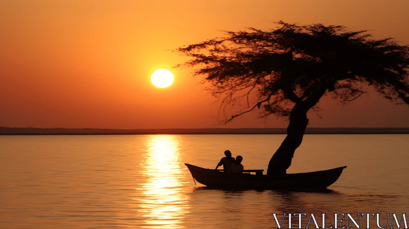 Romantic African-Inspired Boat Scene with Dramatic Landscape AI Image