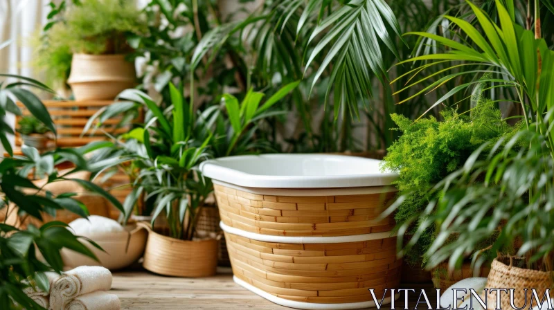 Serene and Spa-like | Freestanding Bamboo Bathtub with Lush Green Plants AI Image