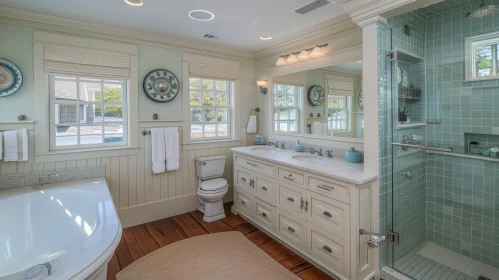 Coastal Bathroom Design: Large Bathtub, Double Vanity, and Shower