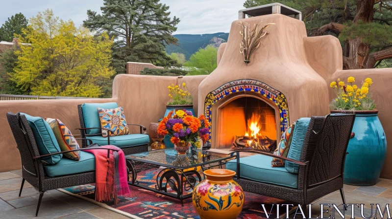 Cozy Outdoor Seating Area with Fireplace | Nature AI Image
