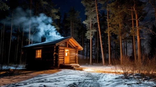 Enchanting Wooden Cabin in Snowy Forest at Night
