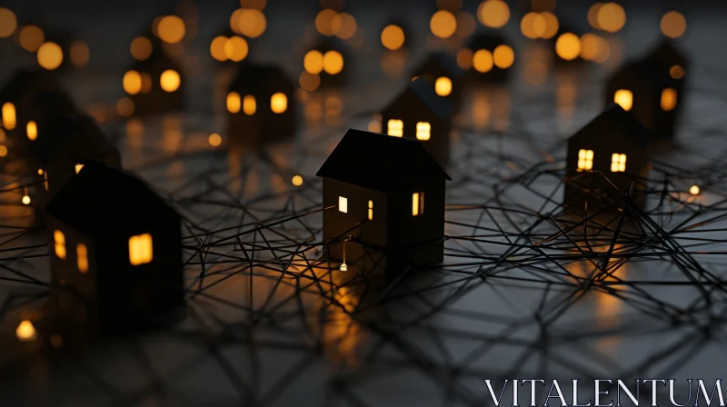 Enigmatic 3D Cityscape at Night | Black Paper Houses & Copper Wires AI Image