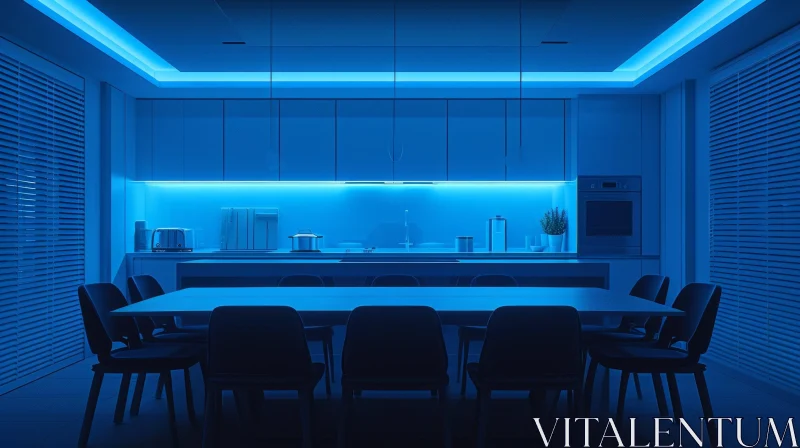 Modern Kitchen with Blue Lighting - 3D Rendering AI Image