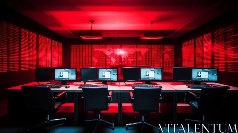 Red-Lit Technology Room with Computer Desks and World Map AI Image