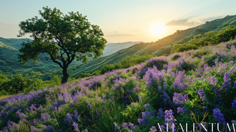 Serenity in Nature: Majestic Tree and Blooming Flowers in a Valley AI Image