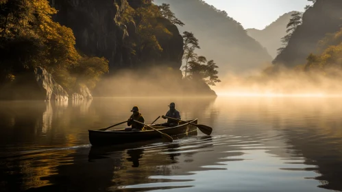Canoeing in Nature: A Serene Journey Amidst Mist and Mountains