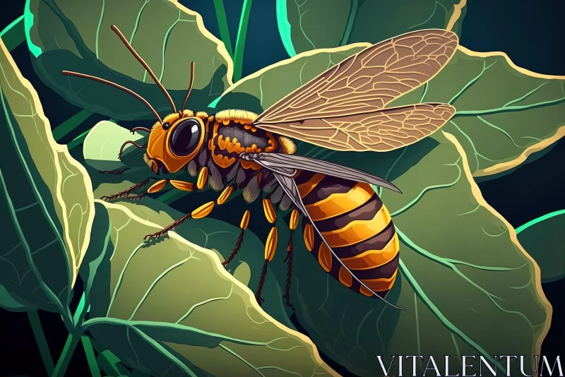 Detailed Science Fiction Illustration of a Wasp on a Leaf AI Image