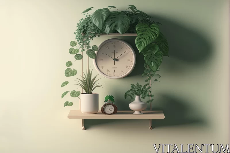 Hyperrealistic Shelf with Clock and Plants - Detailed Foliage in Beige AI Image