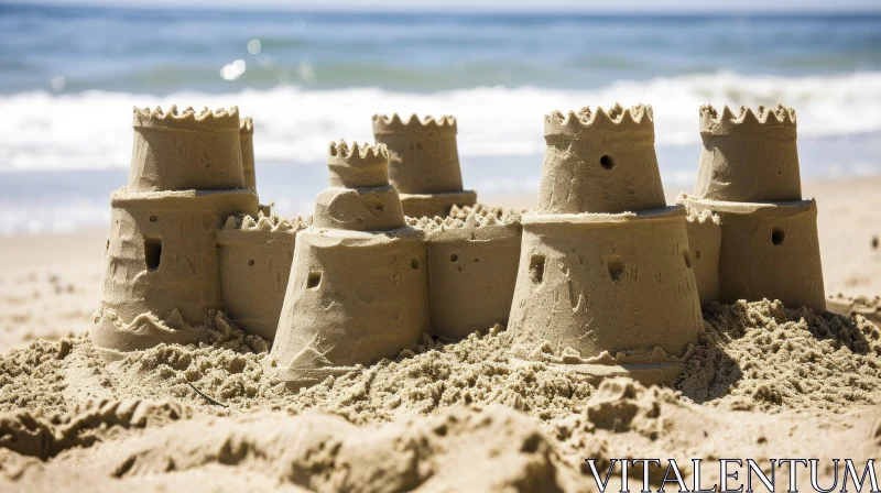 Sand Castle on Beach: Majestic Structure with Turrets and Crowns AI Image