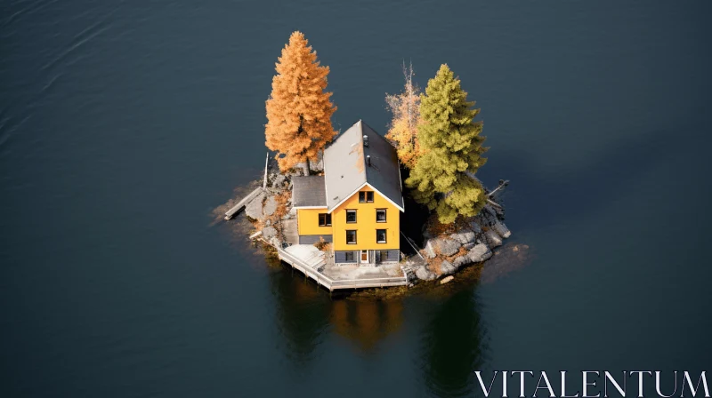 Tranquil Yellow House on Island in Lake | Contemporary Photorealistic Art AI Image