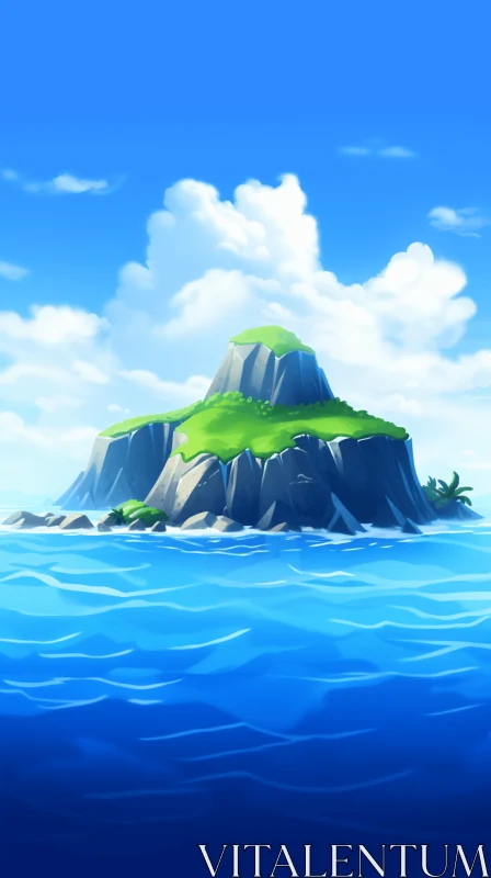Vibrant Cartoon Island in the Ocean - Digital Painting AI Image