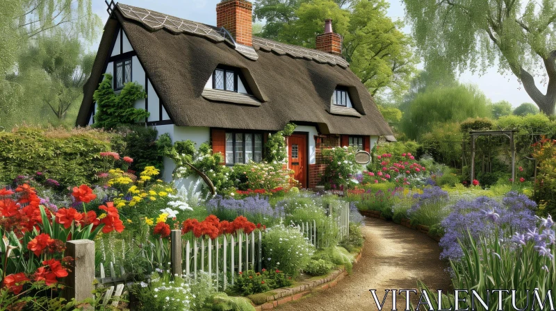 Charming English Cottage Surrounded by a Lush Garden AI Image