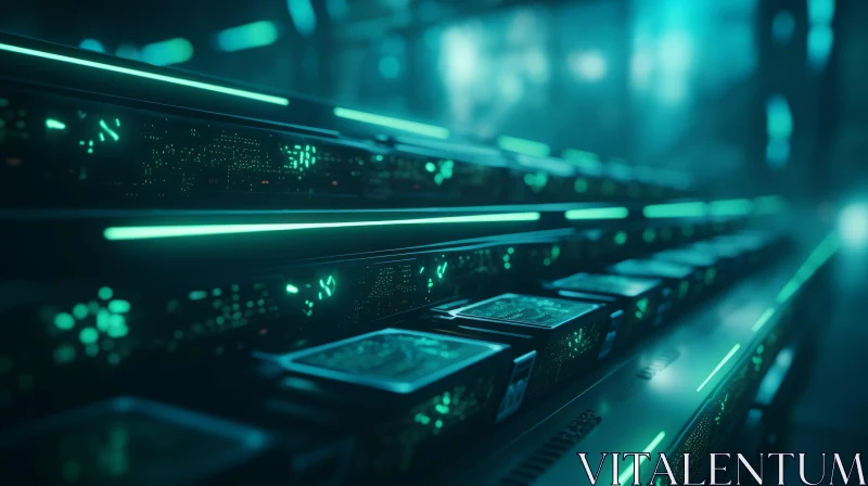 Dark and Mysterious Server Room | Green Light Intrigue AI Image