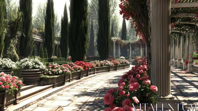 Enchanting Garden with Stone Path and Lush Flora AI Image