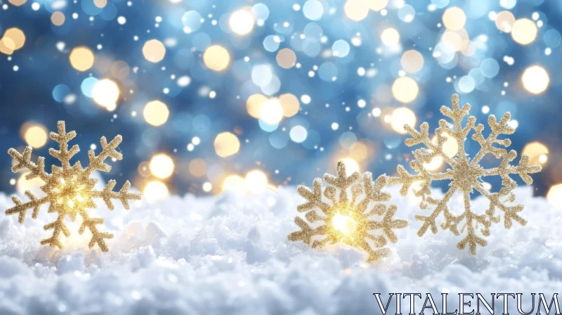Golden Snowflakes on Snow-Covered Surface with Dreamy Background AI Image