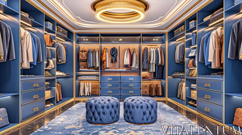 AI ART Luxurious Walk-In Closet with Blue and Gold Accents