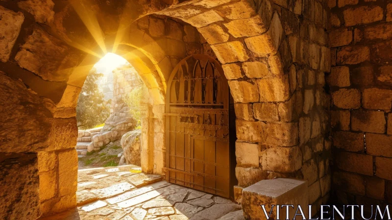 Mysterious Stone Archway with Wooden Door AI Image
