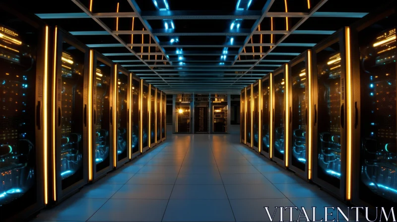 Secure Data Center Room with Servers and Yellow Lights AI Image