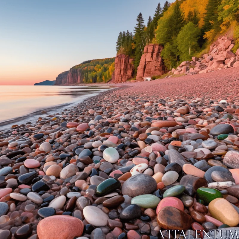 Serene Sunset at a Colorful Pebble Beach | Nature Photography AI Image