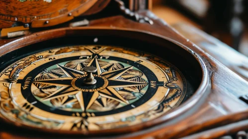 Vintage Compass with Wooden Case - Artistic Close-Up