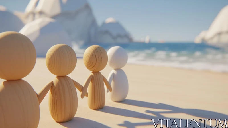 Wooden Figures on Beach | Serene 3D Rendering AI Image