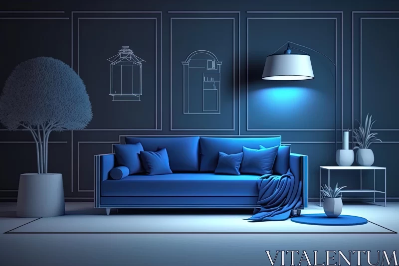 AI ART Blue Room Concept: Modern Interior Design and Home Decor Illustration
