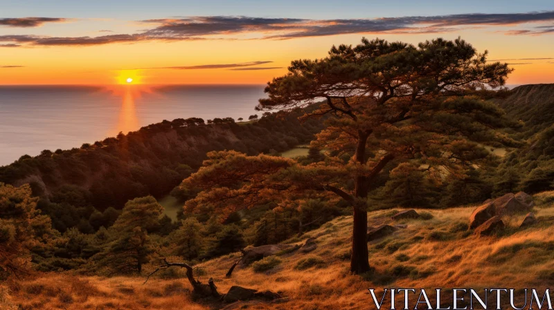 Captivating Nature: An Ancient Tree on a Hill Overlooking the Ocean AI Image