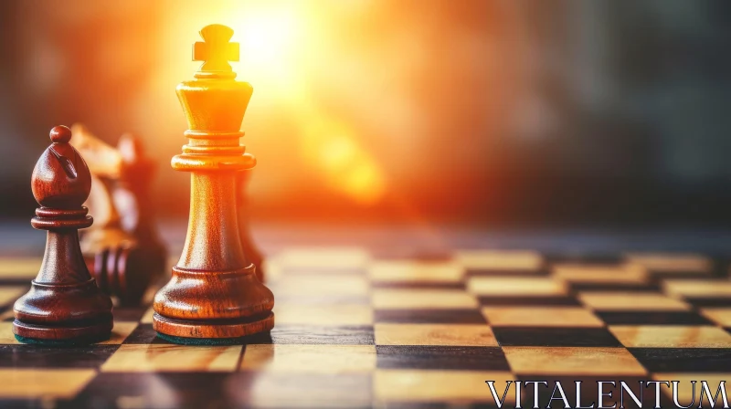 Close-up of Chessboard with Dark Wood King and Light Wood Bishop