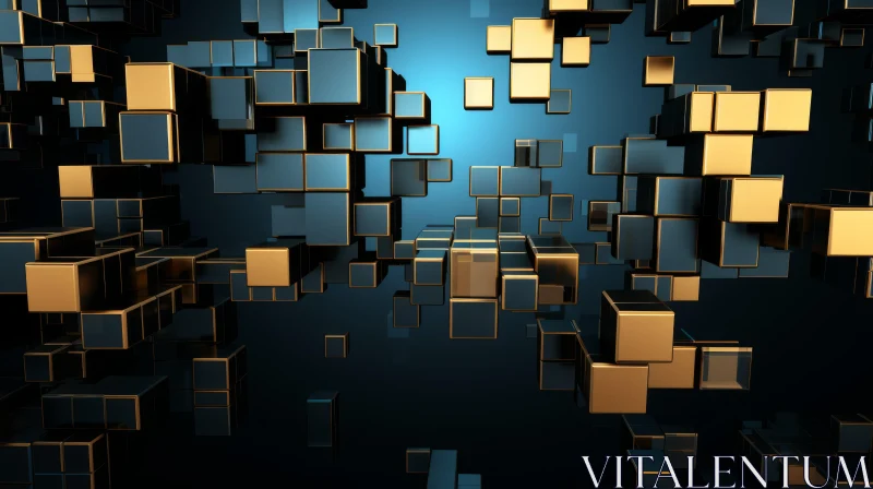 Dark Blue 3D Rendering with Black and Gold Cubes AI Image