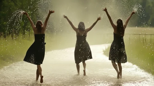 Exquisite Rain Dance: Three Women Embrace Joy and Freedom