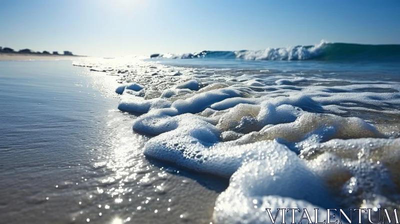 Serenity of a Sandy Beach: Foamy Waves and Sunlit Water AI Image