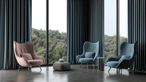 Stylish and Modern Living Room with Unique Armchairs and Forest View