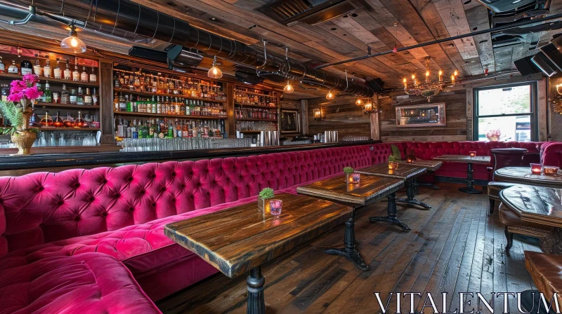 AI ART Elegant Bar Scene with Pink Velvet Sofa and Wooden Furniture