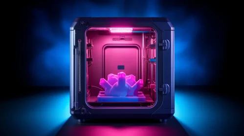 Futuristic 3D Printer in Dimly Lit Room Printing Pink Object