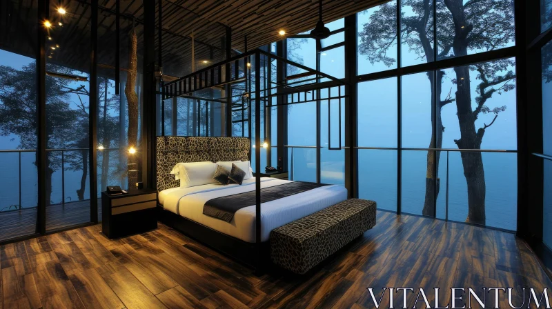 AI ART Modern Bedroom with Lake and Mountain View