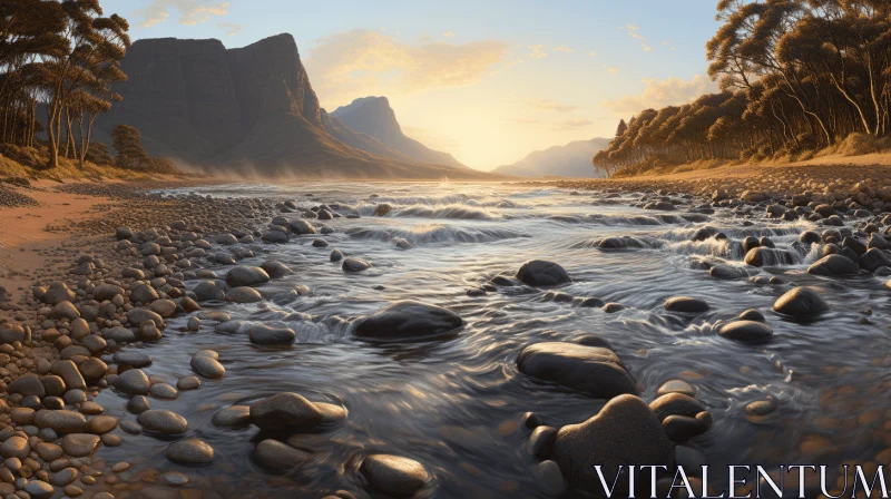 Serene Sunrise with Rocks Along a River - Hyperrealistic Nature Art AI Image