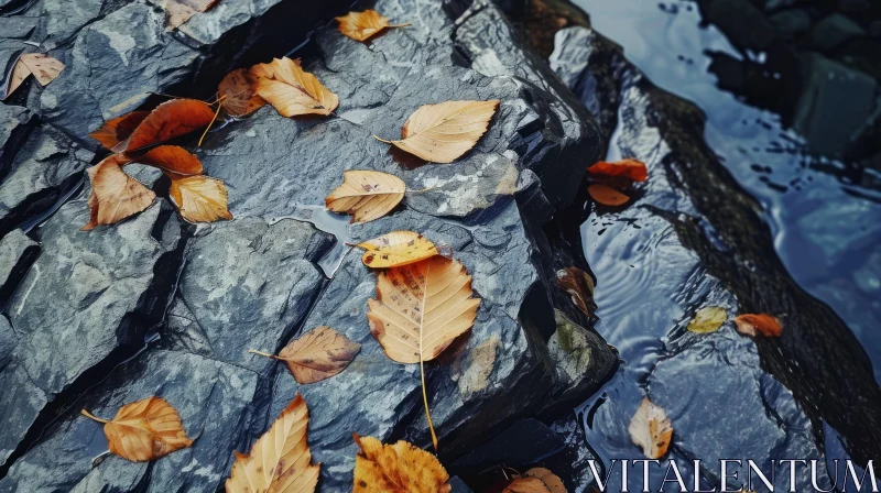 Stunning Close-Up of Fallen Autumn Leaves on Wet Stone Surface AI Image