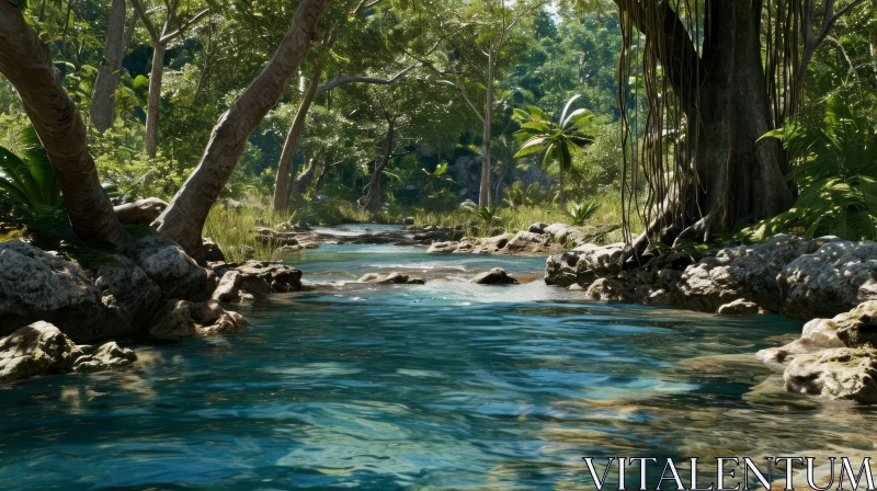Tranquil Jungle River Landscape in a Green Forest AI Image