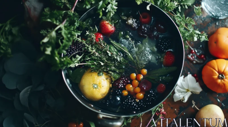 AI ART Vibrant Fruits and Vegetables in a Water-Filled Pot | Flat Lay Composition