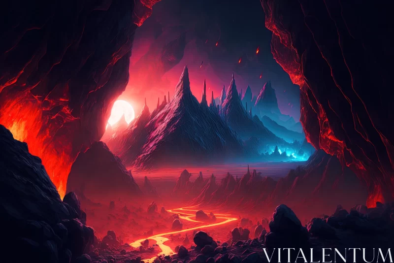 Captivating Futuristic Cave Landscape with Fire and Lava AI Image
