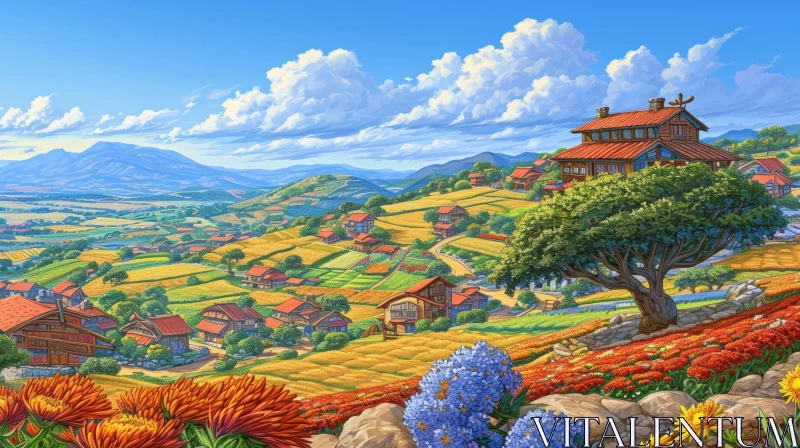 AI ART Captivating Valley Landscape with Charming Village and Majestic Mountains