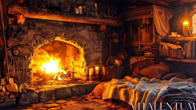 Cozy Medieval House Interior with Fireplace and Candlelight AI Image