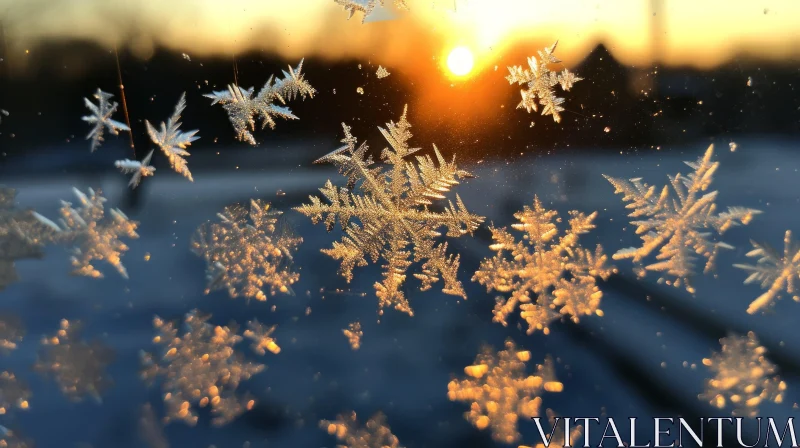 Delicate Ice Crystals on Window | Golden Winter Scene AI Image